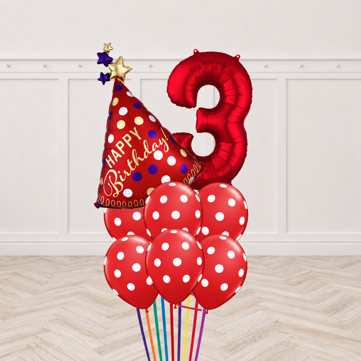 Red polka-dot Happy Birthday party hat foil balloon with red number balloon and six red polka-dot latex balloons
