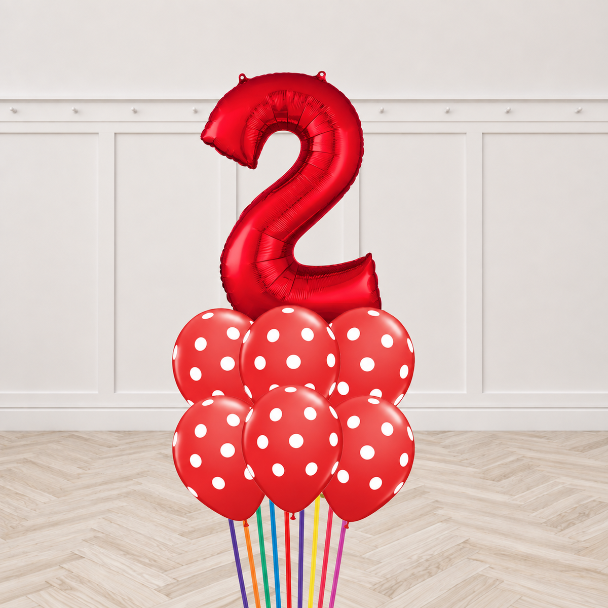 Red number foil balloon with six red polka-dot latex balloons in a bouquet