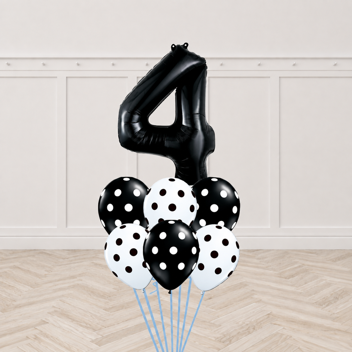 Black number foil balloon with six mixed black and white polka-dot latex balloons