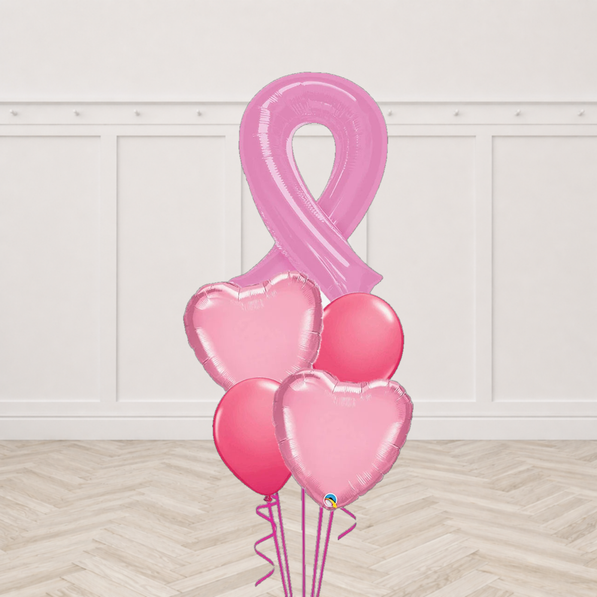 Pink breast cancer awareness ribbon foil balloon with two pale pink heart balloons and two deep pink round balloons