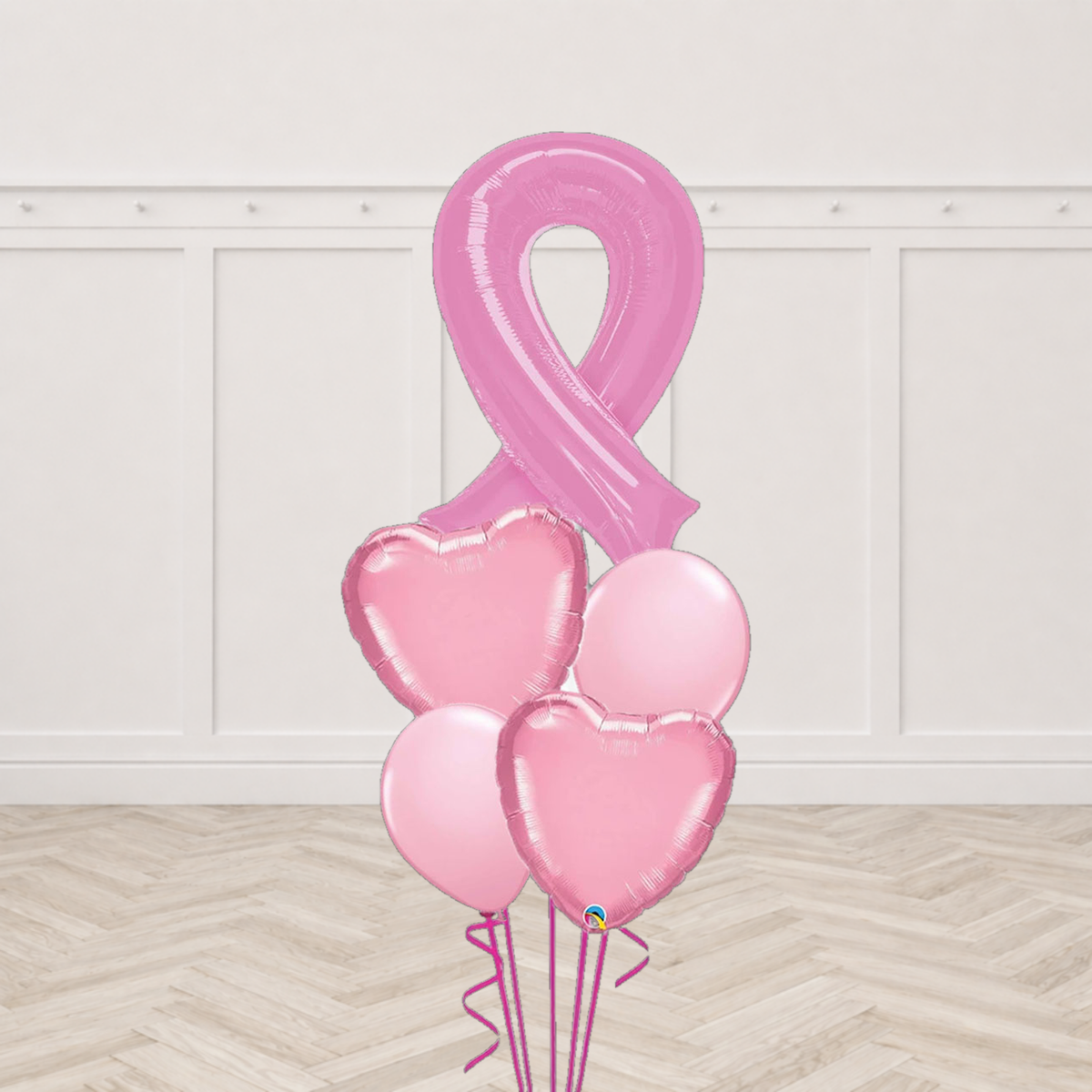 Pink breast cancer awareness ribbon foil balloon with two pale pink heart balloons and two pale pink round balloons