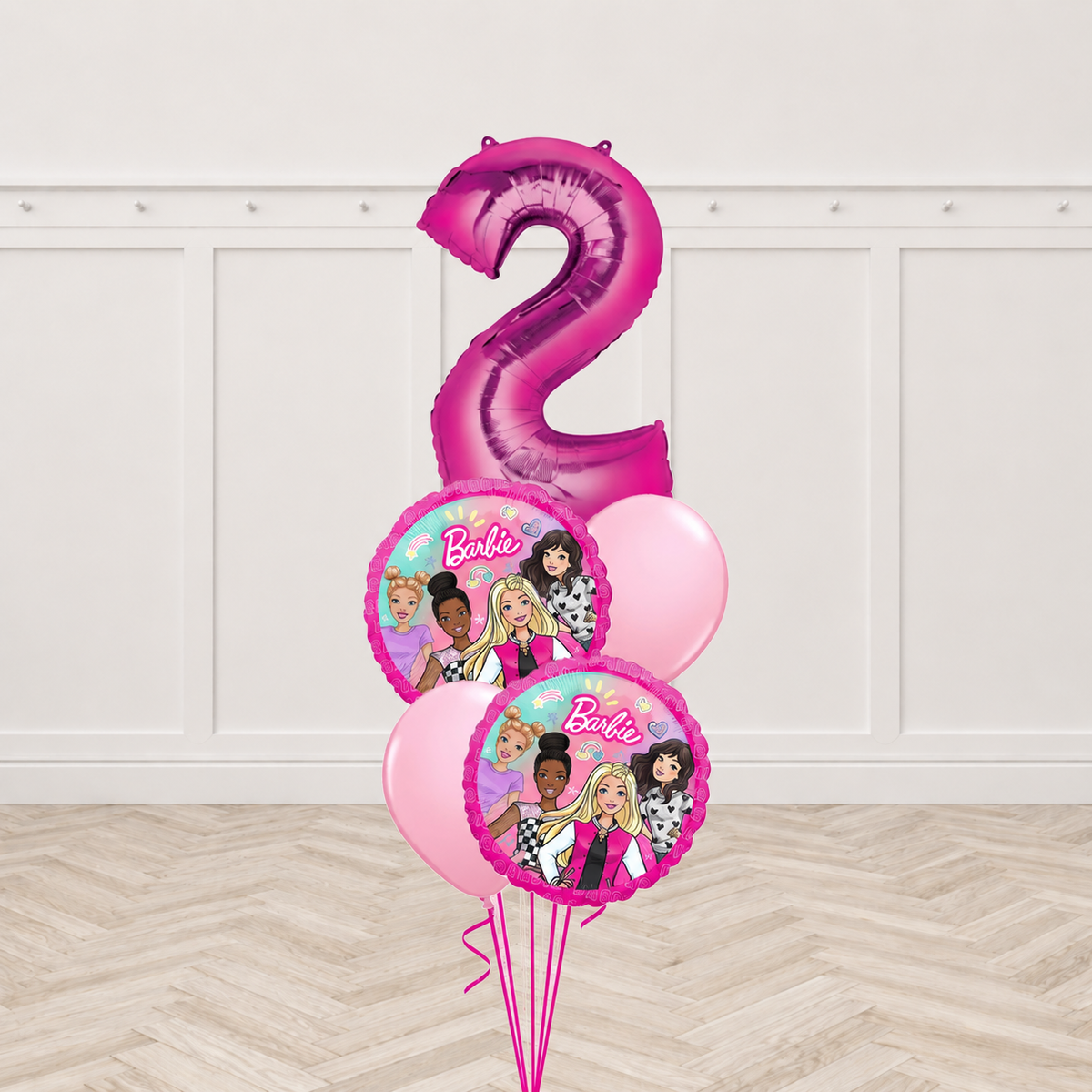 Fuchsia number 2 foil balloon with two round Barbie print balloons and two pink round balloons