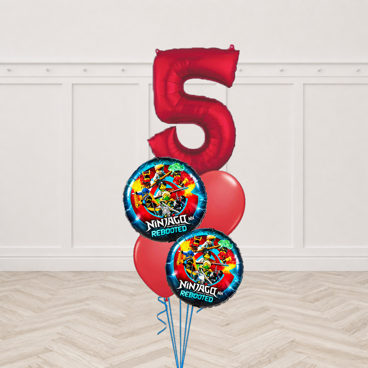 Red number 5 foil balloon with two round Ninjago Rebooted print balloons and two red round balloons