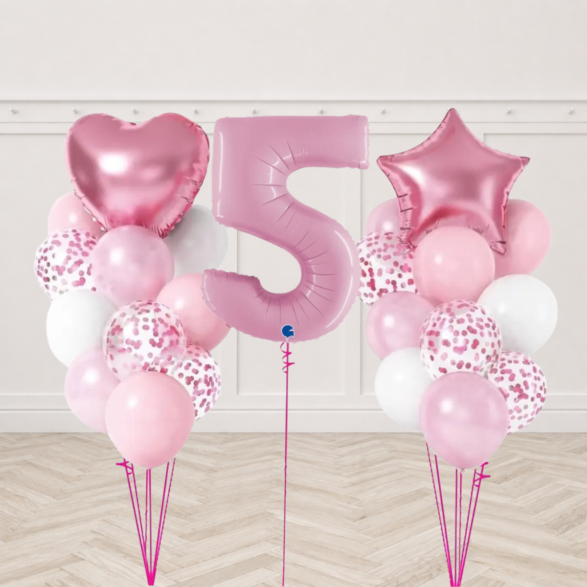 Pink single number foil balloon bouquet with heart and star foils and pink white confetti latex balloons