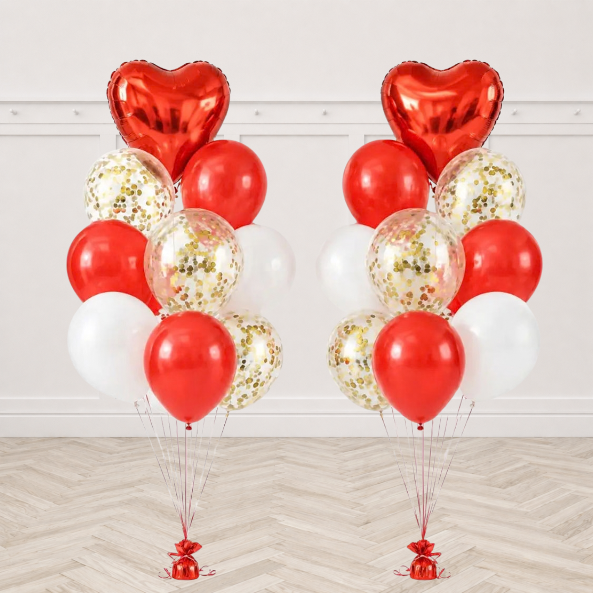 Red heart foil balloon bouquet with red white and gold confetti latex balloons