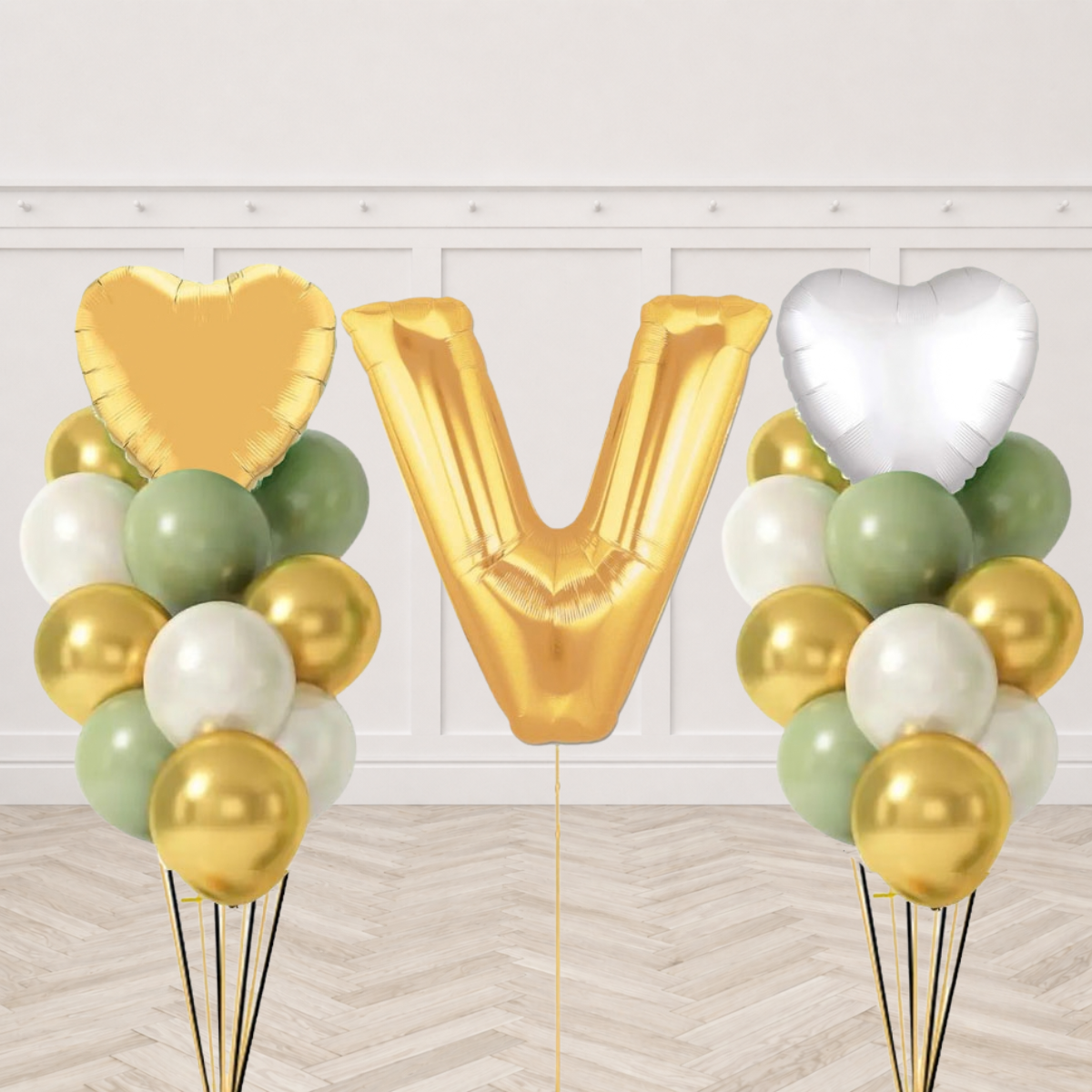 Gold single letter foil balloon with heart foils and sage green gold white latex balloon bouquets