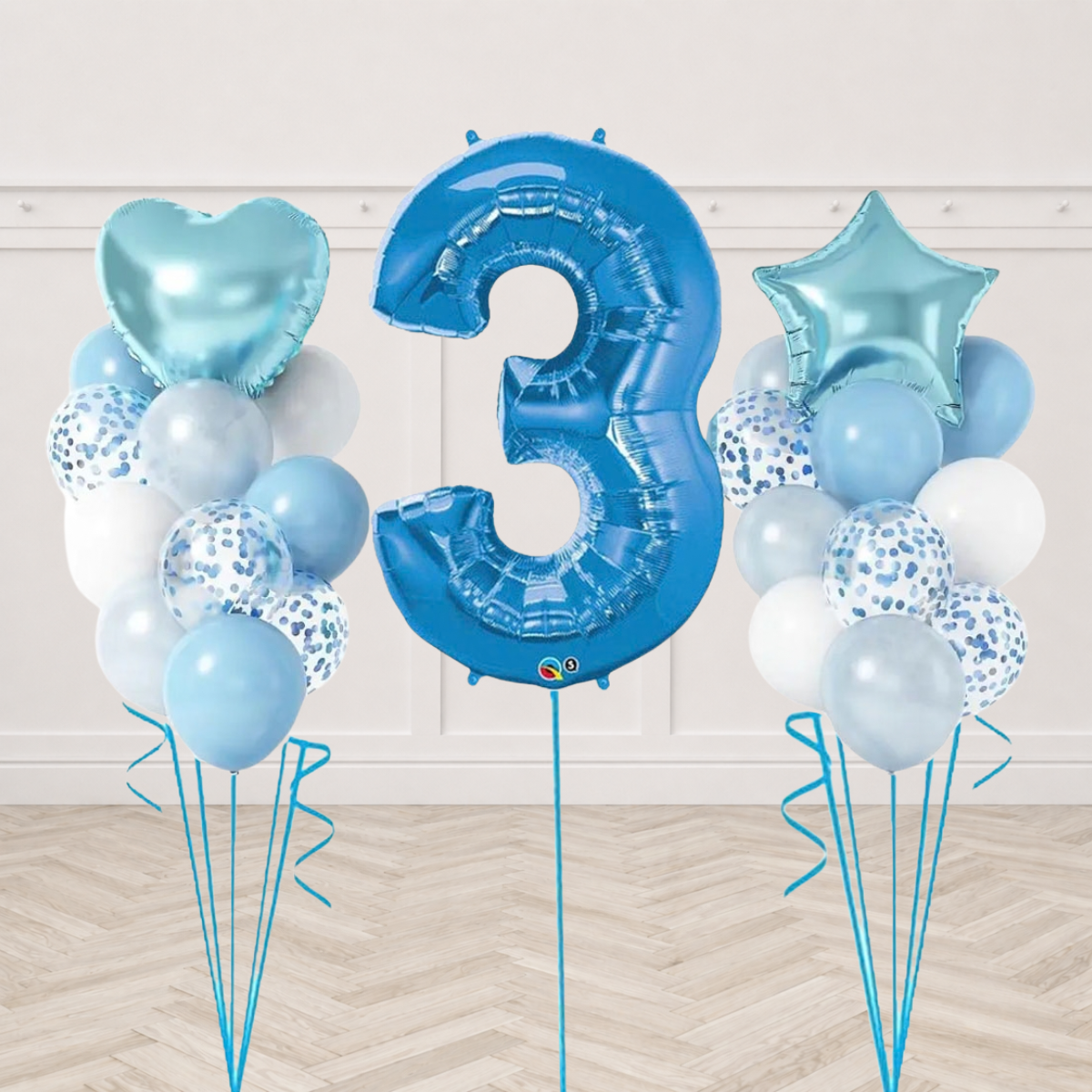 Blue single number foil balloon bouquet with heart and star foils and blue white confetti latex balloons