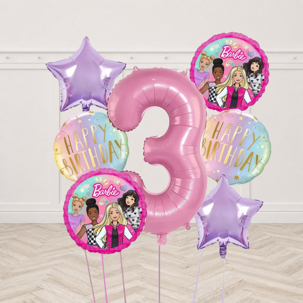 Pink number 3 foil balloon with two round Barbie foil balloons, two pastel rainbow Happy Birthday foil balloons with gold letters and two lilac star foils