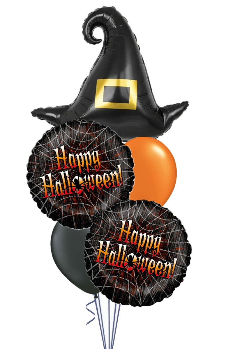 Halloween balloon bouquet with a black witch hat balloon and two spiderweb foil balloons printed Happy Halloween