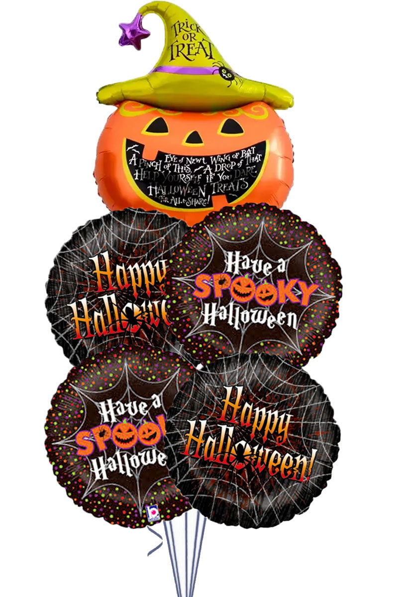 Halloween balloon bouquet with a pumpkin balloon in a Trick or Treat witch hat above four printed Halloween foil balloons