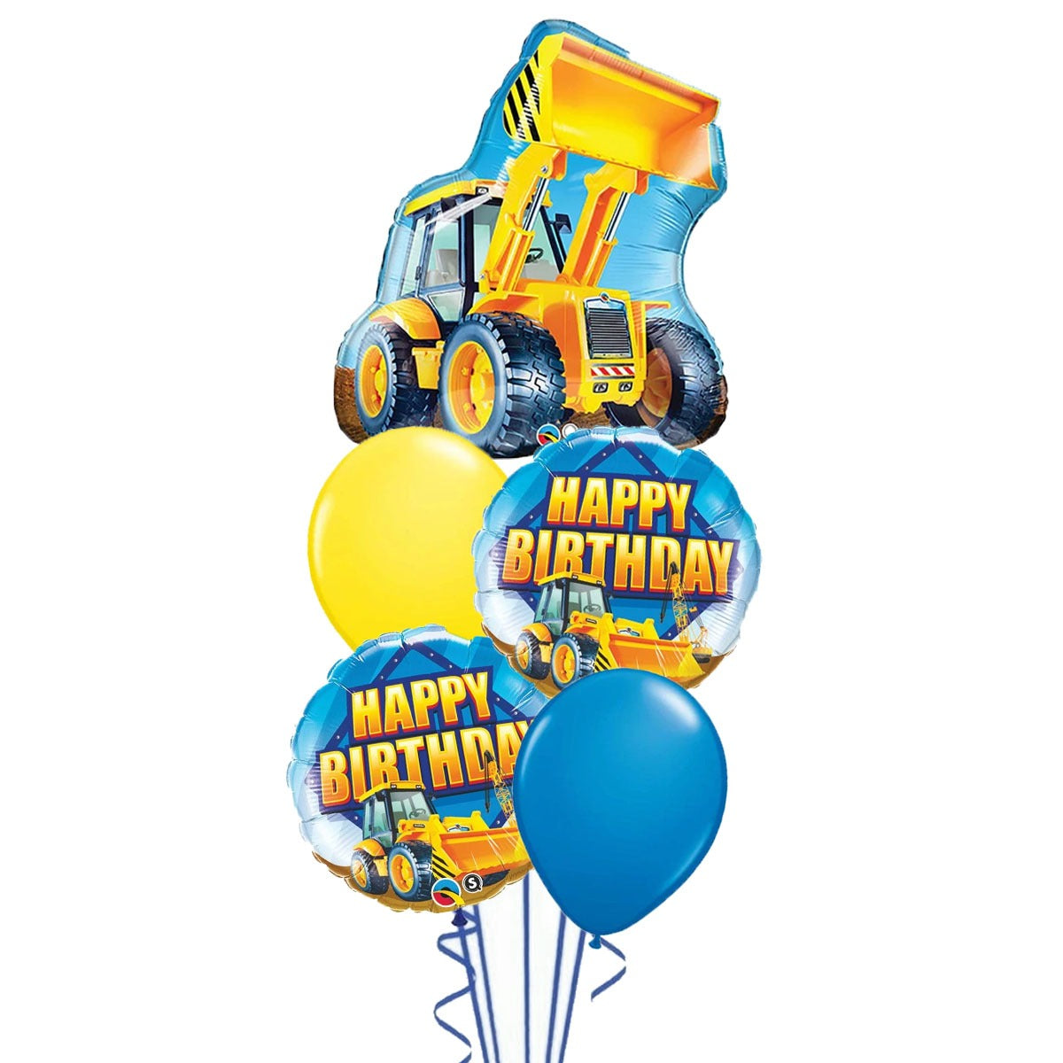 Construction digger Happy Birthday foil and latex balloon bouquet