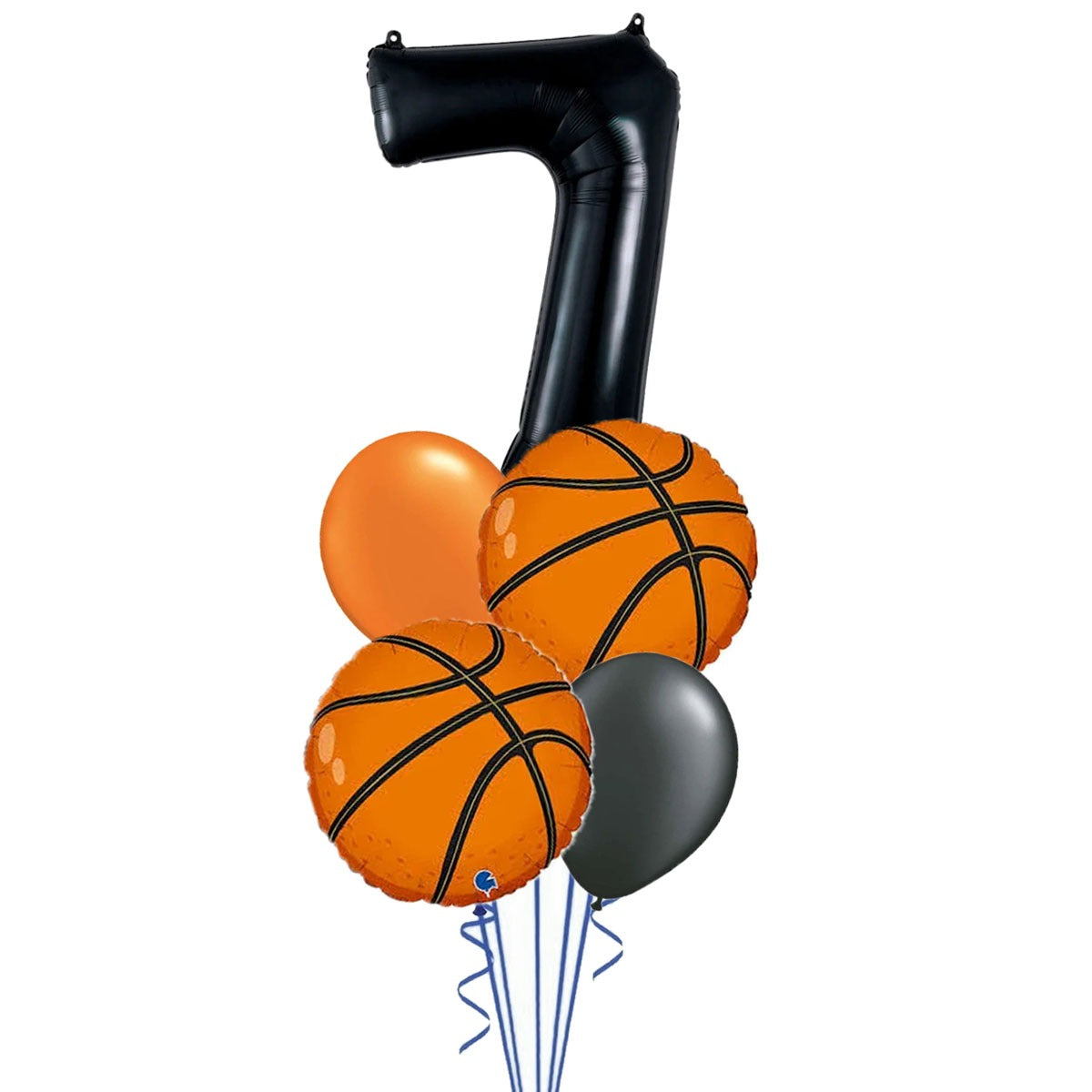 Basketball birthday foil and latex balloon bouquet with a black number 7