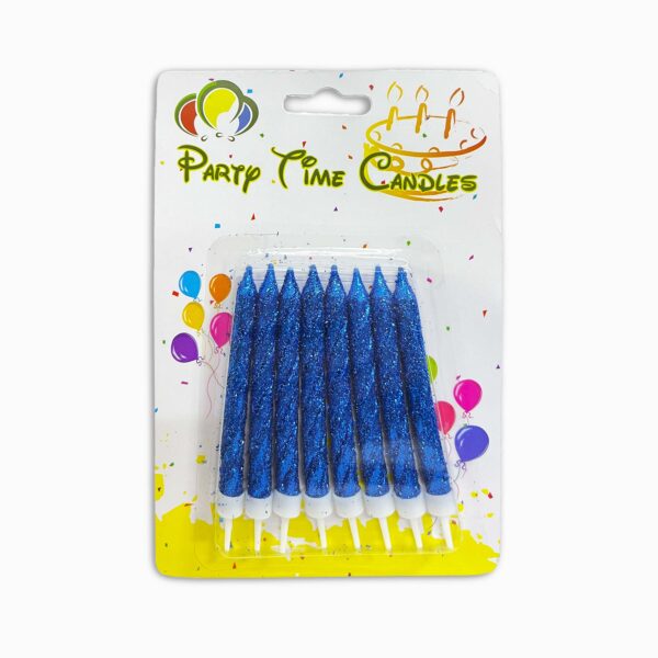 Eight blue glitter spiral birthday candles