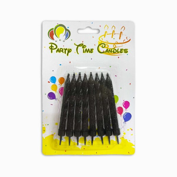Eight black glitter spiral birthday candles