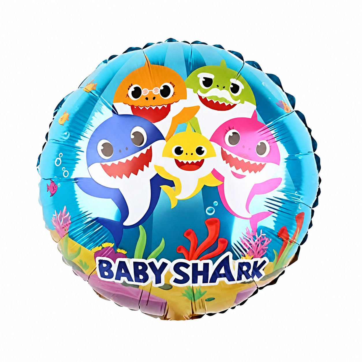 Baby Shark family round foil balloon with five cartoon sharks over a coral reef