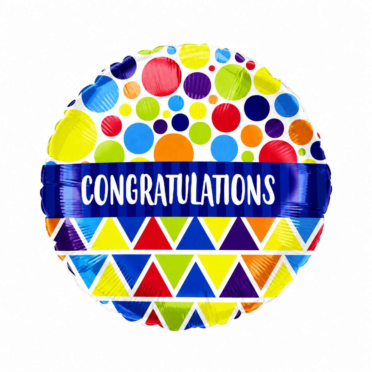 Round foil balloon with Congratulations banner, polka dots and triangle pattern