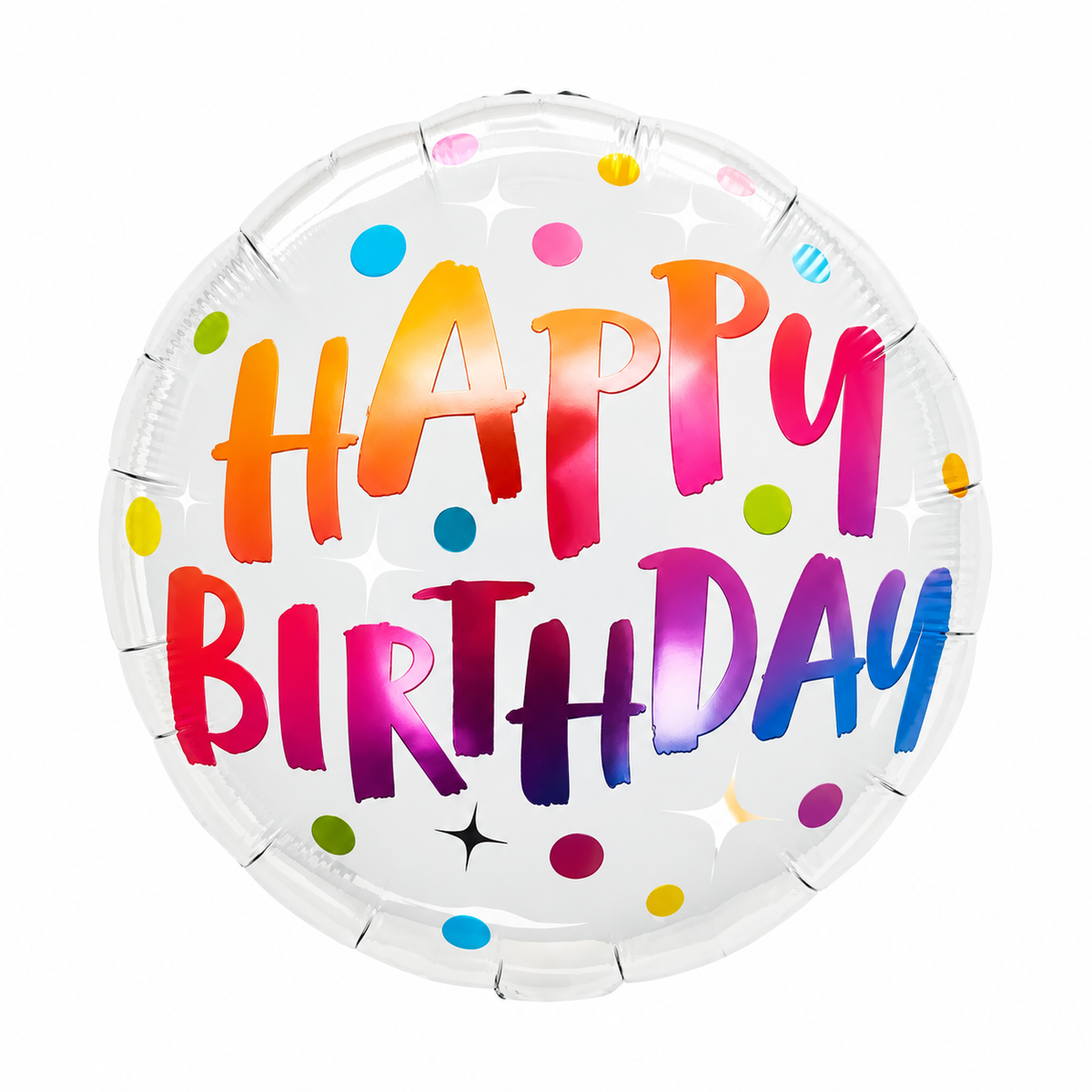 White round foil balloon with rainbow Happy Birthday text and polka dots