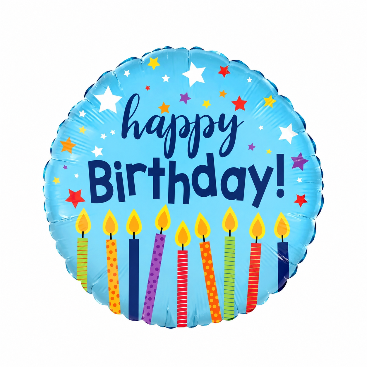 Light blue round foil balloon with Happy Birthday text, stars and candles
