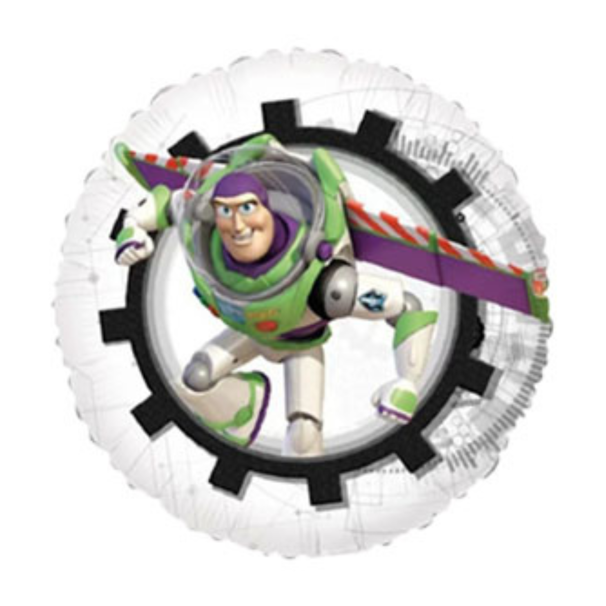 Buzz Lightyear round foil balloon with gear wheel background
