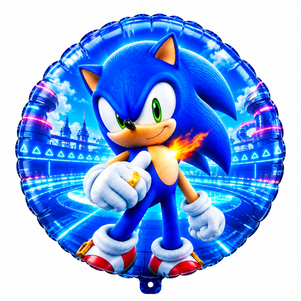 Sonic the Hedgehog round foil balloon with futuristic city background