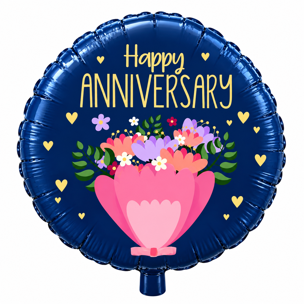 Navy round foil balloon with Happy Anniversary text and pink flower bouquet