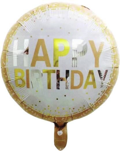 White and gold Happy Birthday round foil balloon with gold confetti