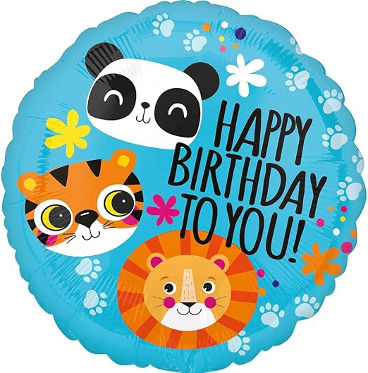 Blue Happy Birthday To You round foil balloon with panda, tiger and lion faces