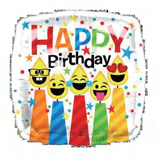 White Happy Birthday square foil balloon with party emoji faces