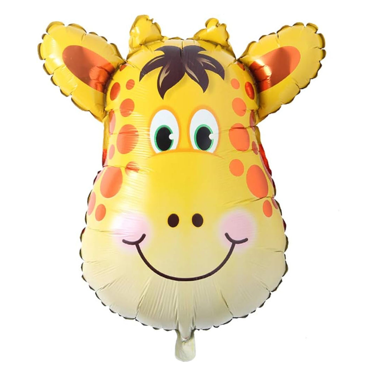 Yellow giraffe head shaped foil balloon with a smiling face