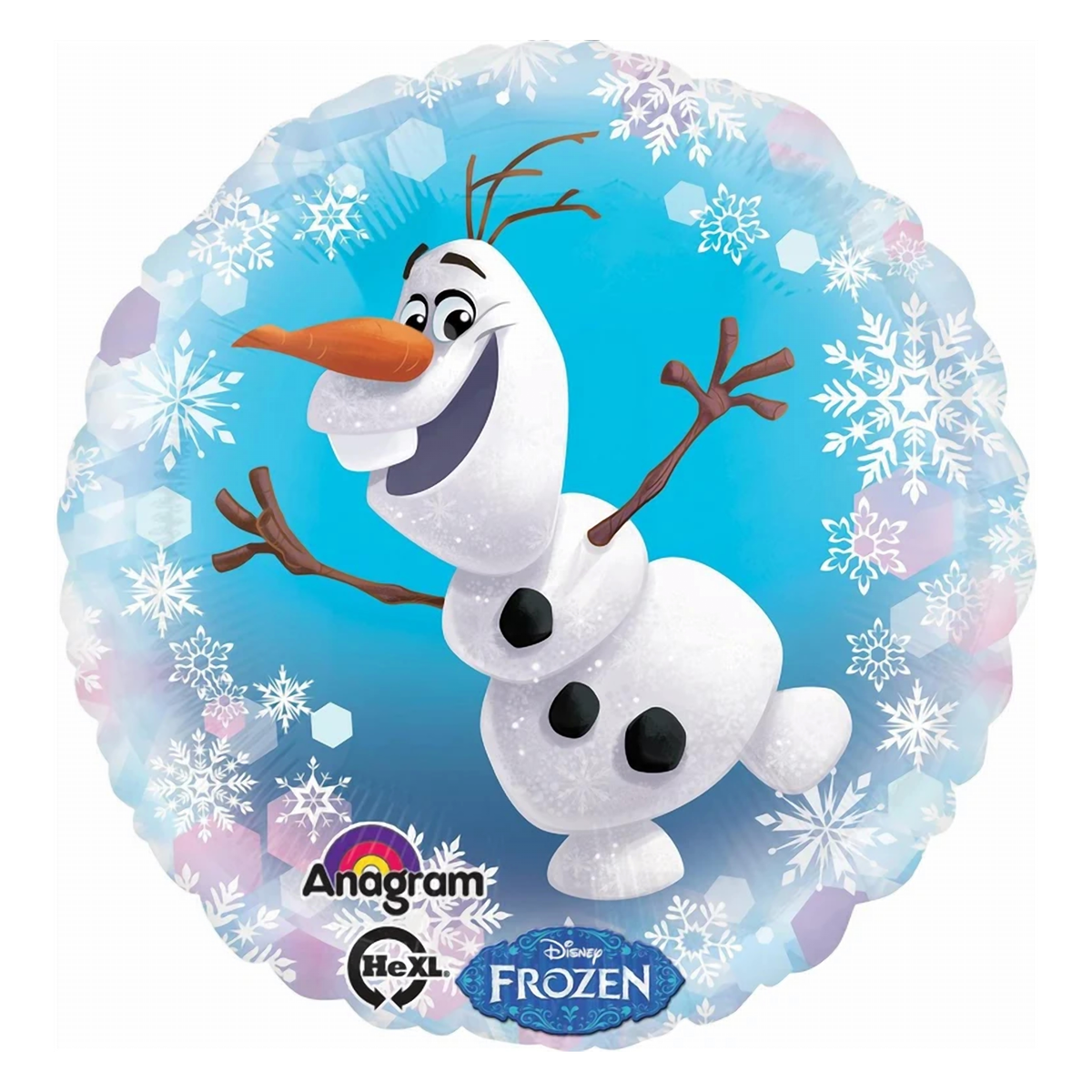 Olaf the snowman round foil balloon from Disney Frozen with a snowflake background