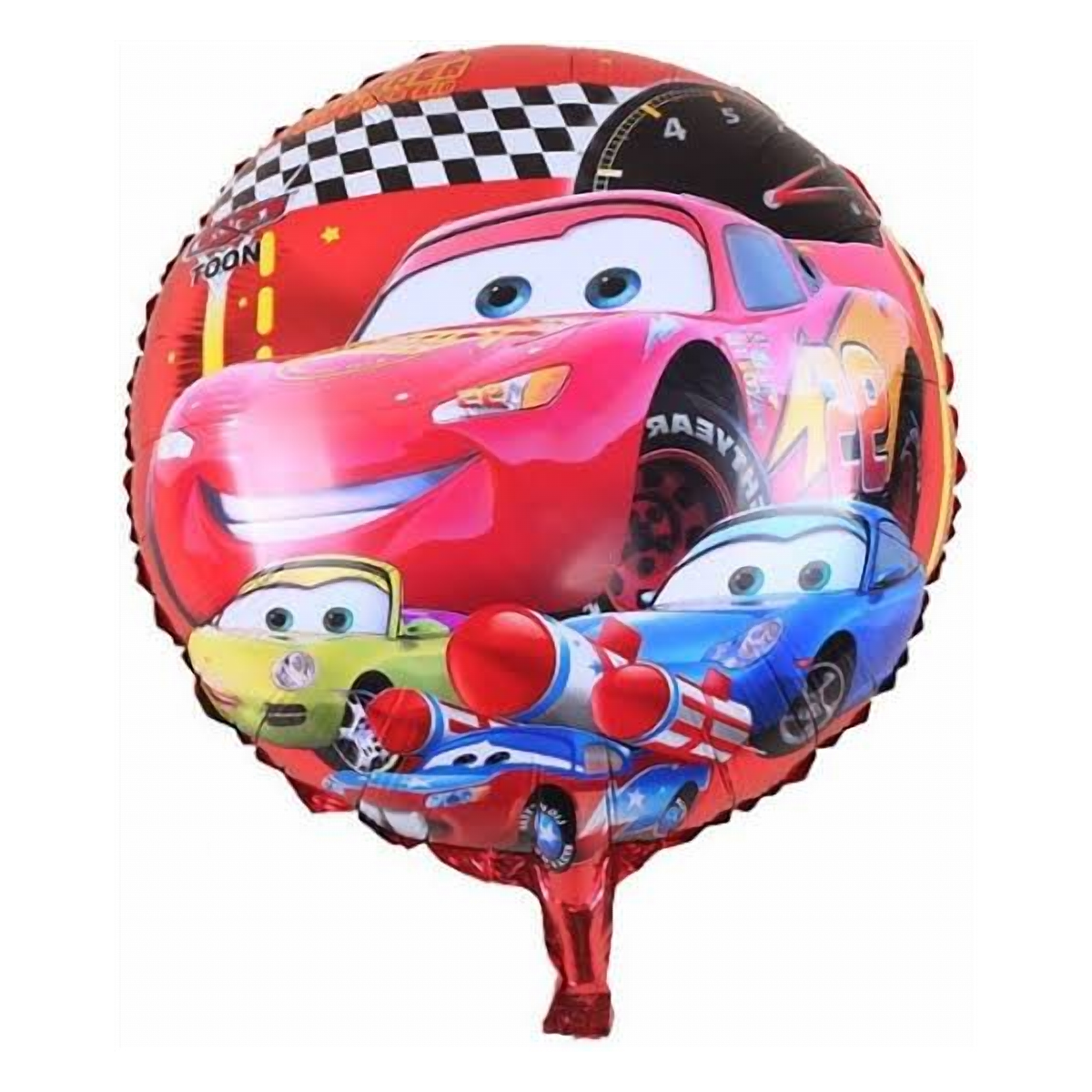 Disney Cars round foil balloon featuring Lightning McQueen and friends on a racetrack