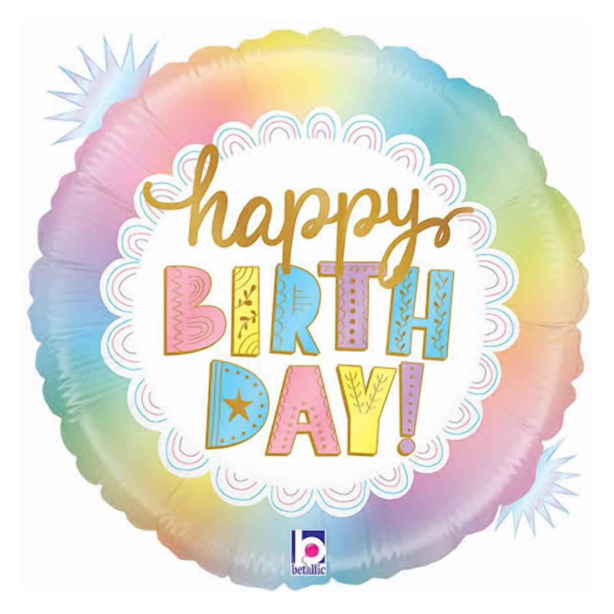 Pastel rainbow round foil balloon with Happy Birthday lettering in a scalloped frame