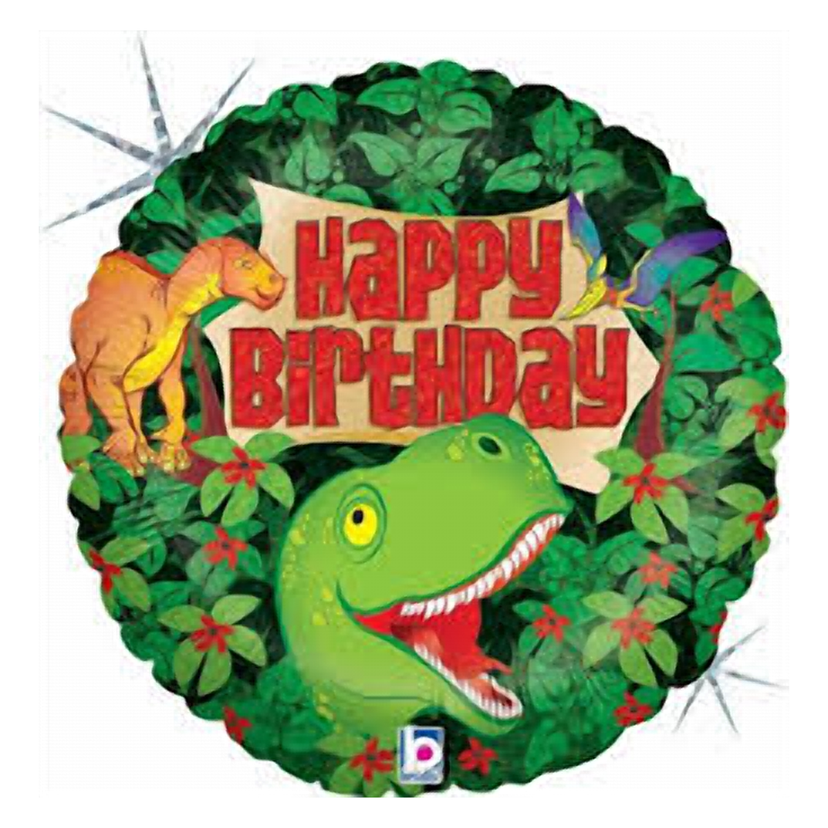 Jungle themed round foil balloon with dinosaurs and Happy Birthday lettering