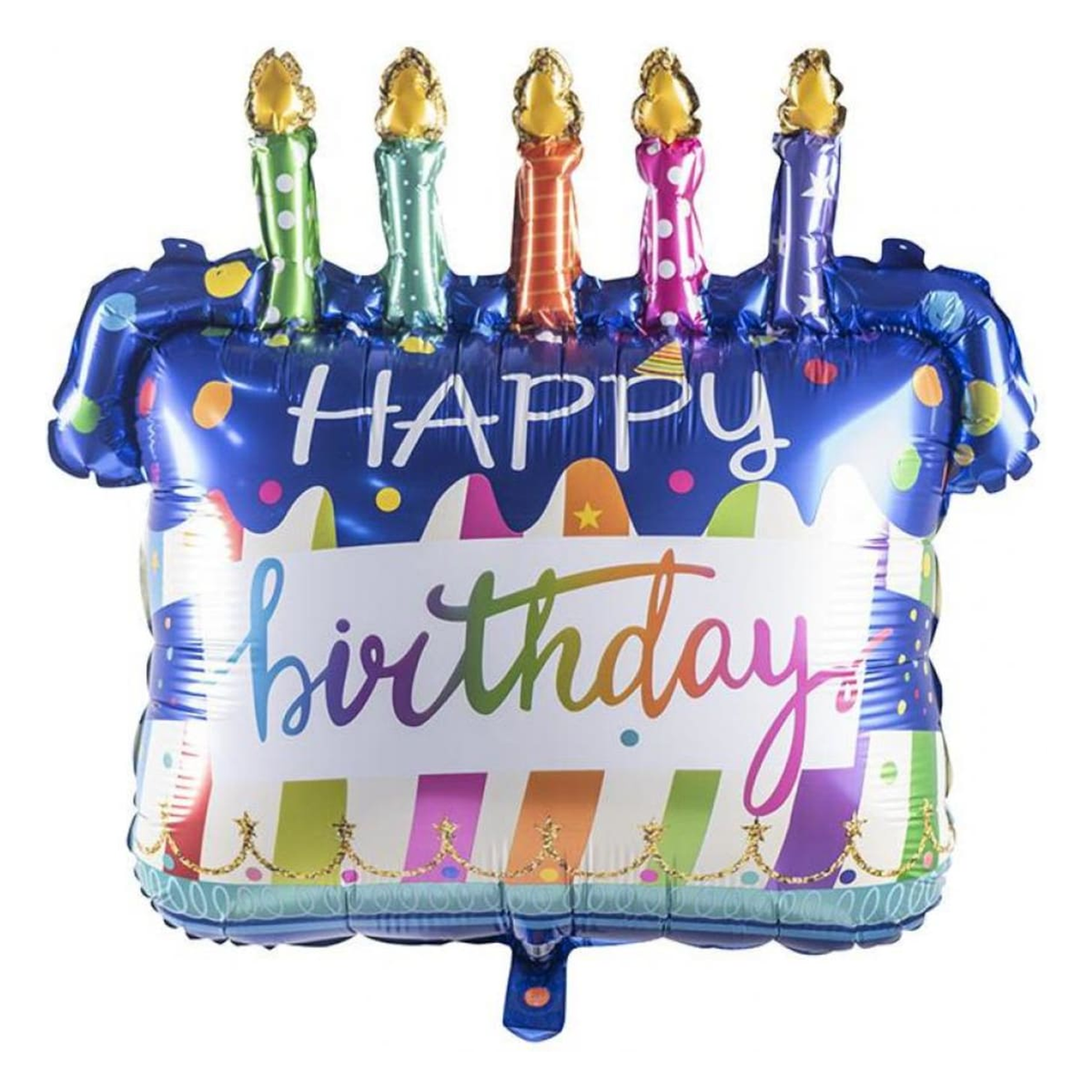 Birthday cake shaped supershape foil balloon with five candles and Happy Birthday lettering