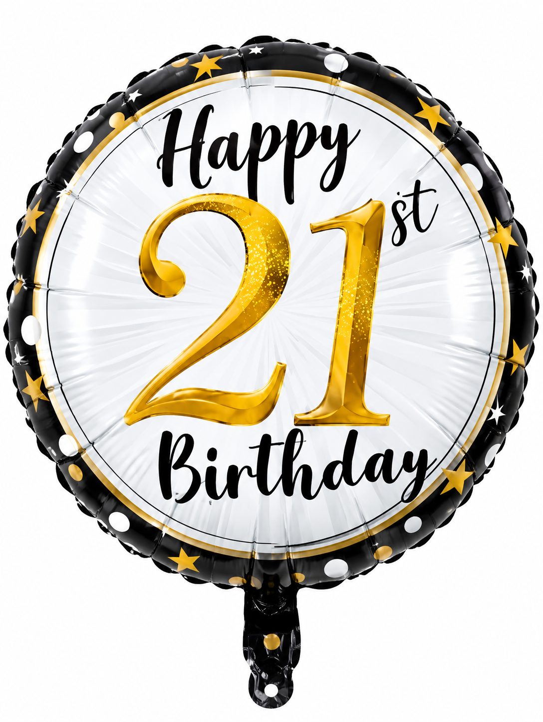 Round Happy 21st Birthday foil balloon with gold 21 and black script on a white center with a black border of gold and white stars and dots