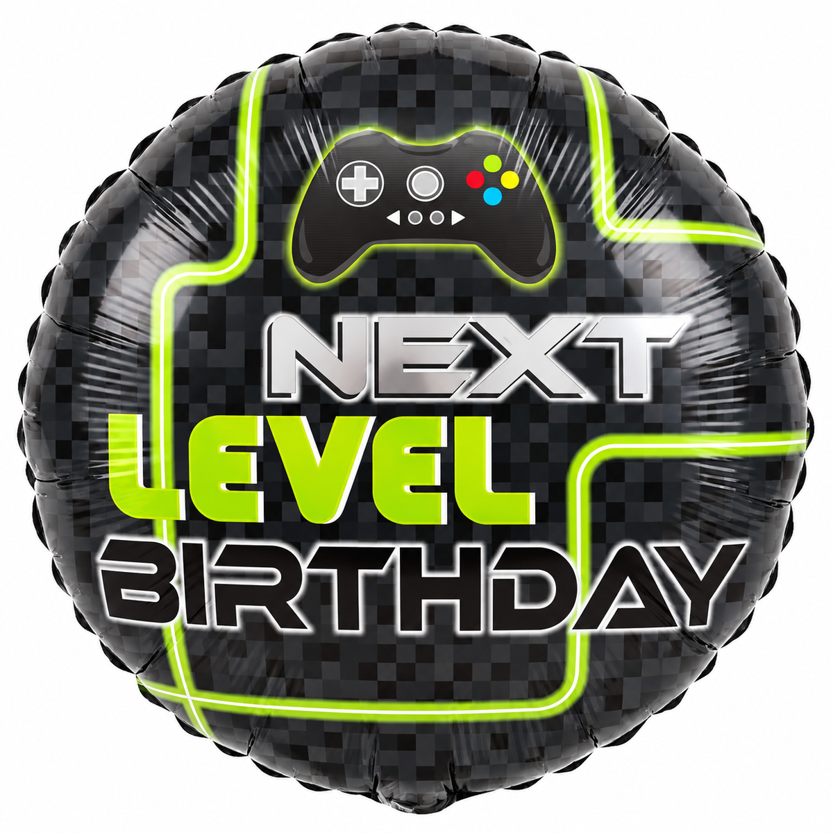 Round black foil balloon printed Next Level Birthday in silver lime green and black with a game controller and lime green lines