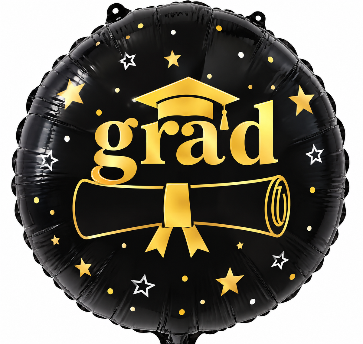 Round black foil balloon printed grad in gold with a gold graduation cap diploma scroll and gold and white stars