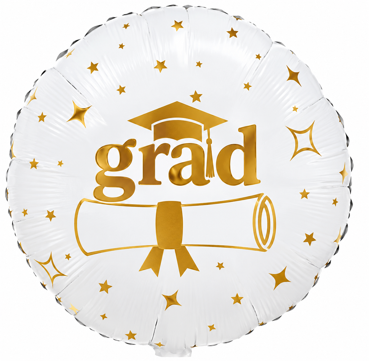 Round white foil balloon printed grad in gold with a gold graduation cap diploma scroll and gold stars