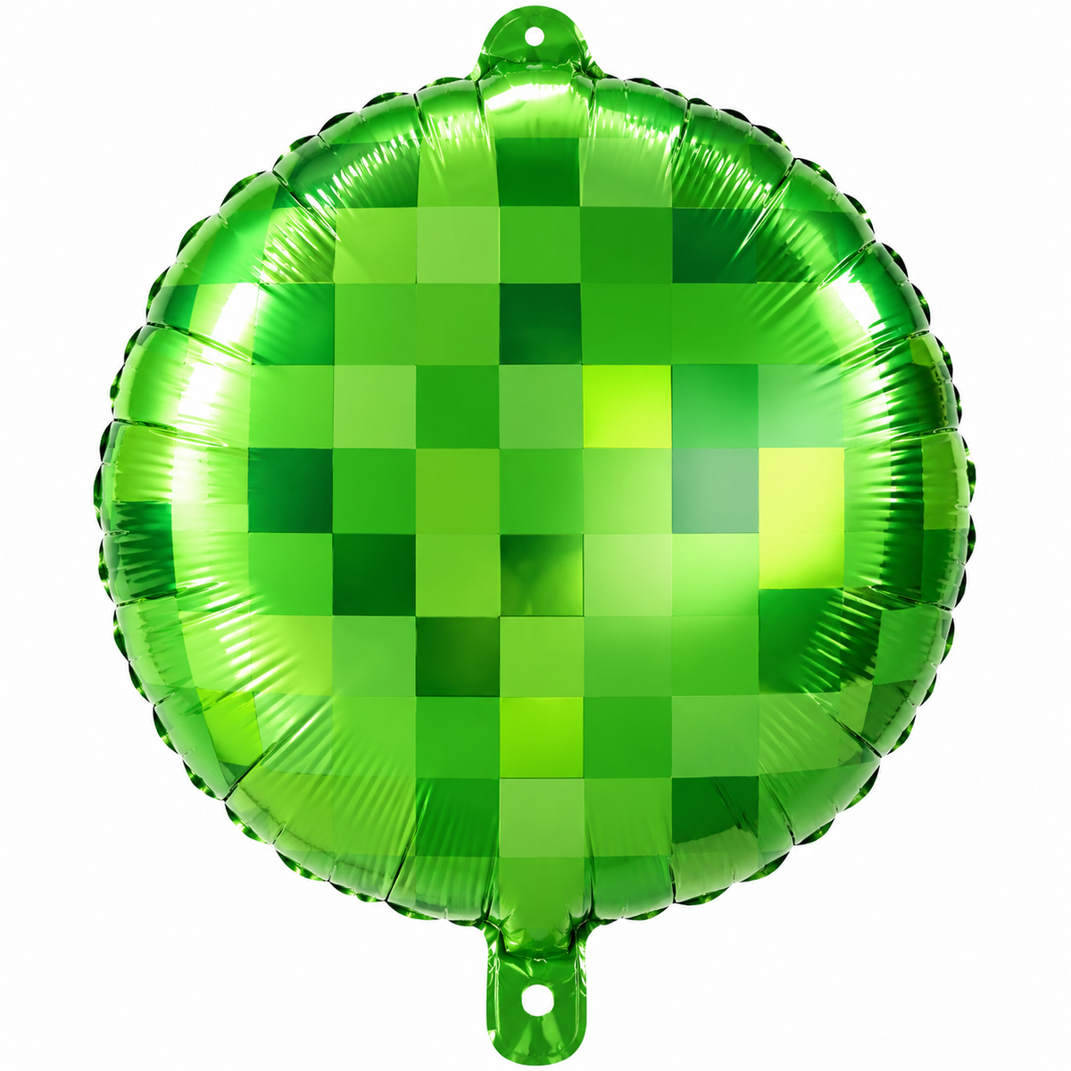 Round foil balloon with a dark green green and lime green pixel checker pattern
