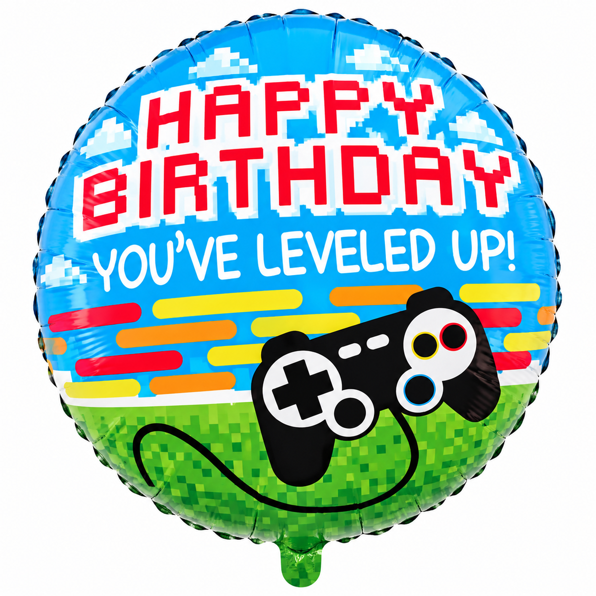 Round foil balloon printed Happy Birthday in red pixel letters and You've Leveled Up in white with a black game controller on a blue sky and green pixel grass
