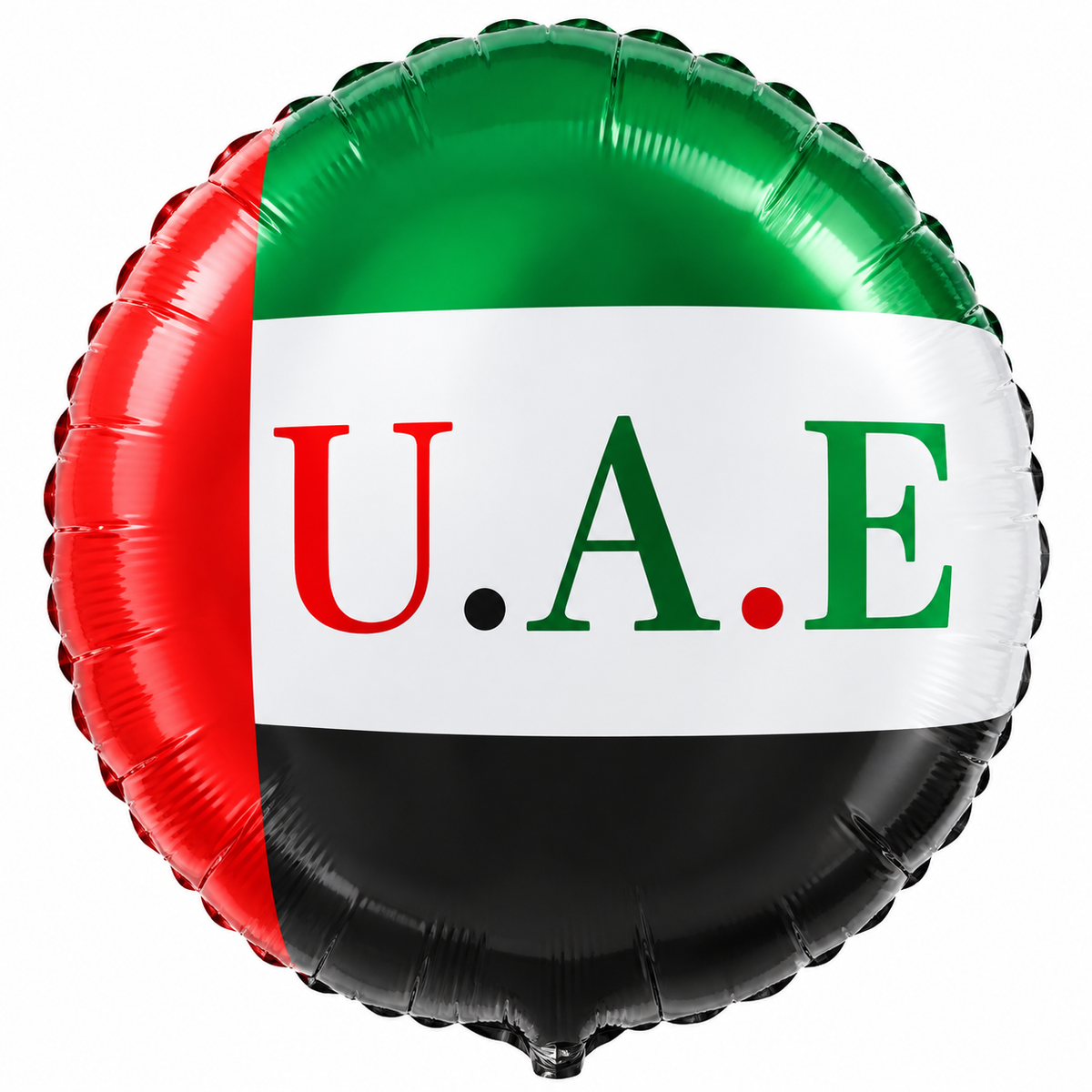 Round UAE flag foil balloon with red green white and black stripes printed U.A.E in red and green letters