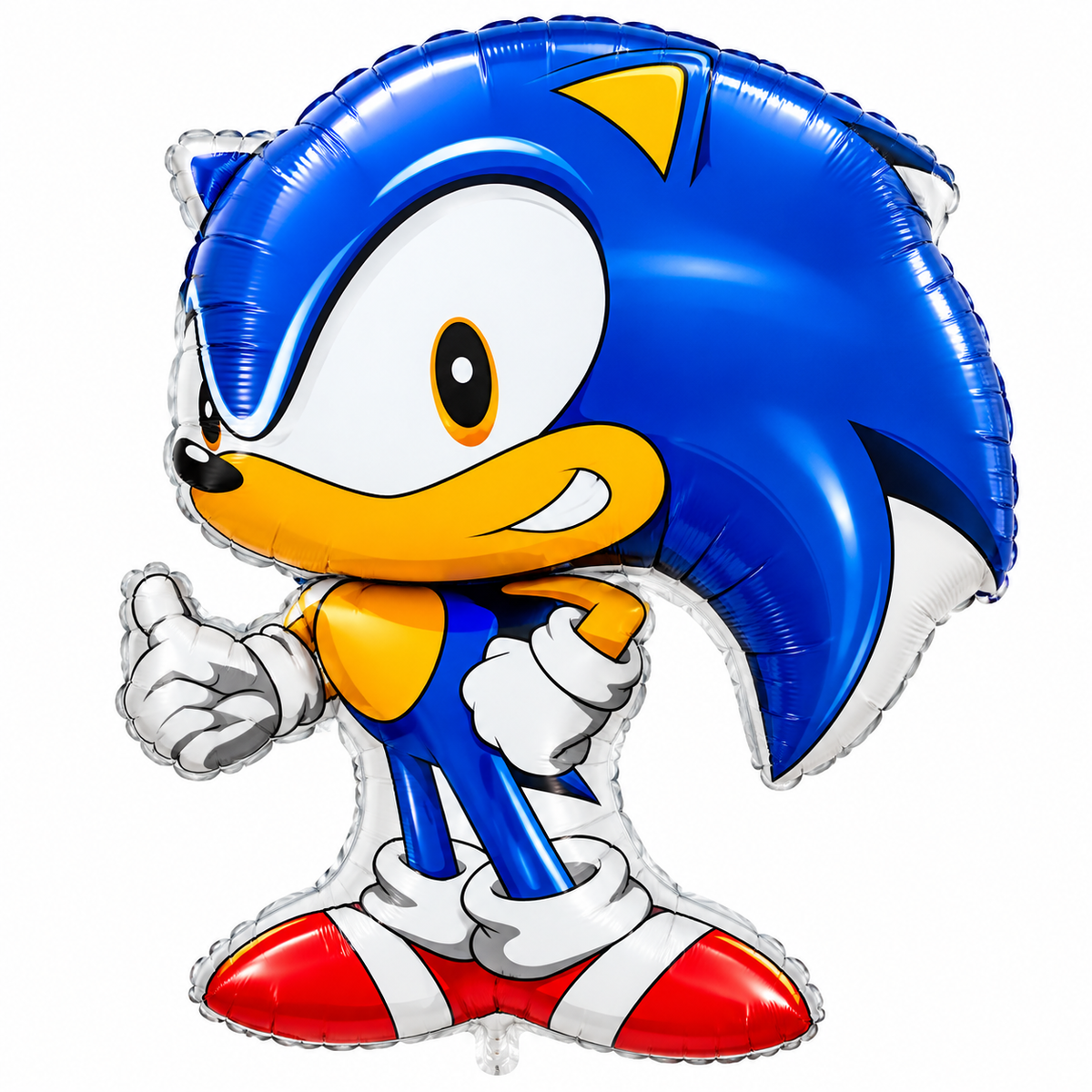 Sonic supershaped foil balloon in blue with white gloves and red and white shoes giving a thumbs up