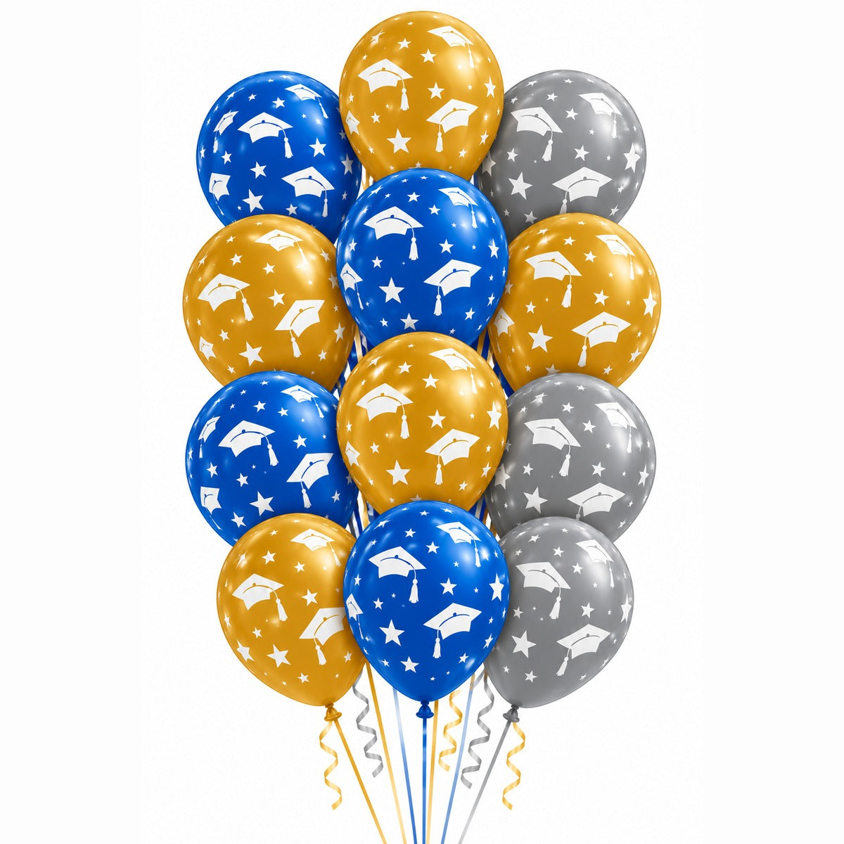 Blue, gold and silver graduation cap printed latex balloon bouquet