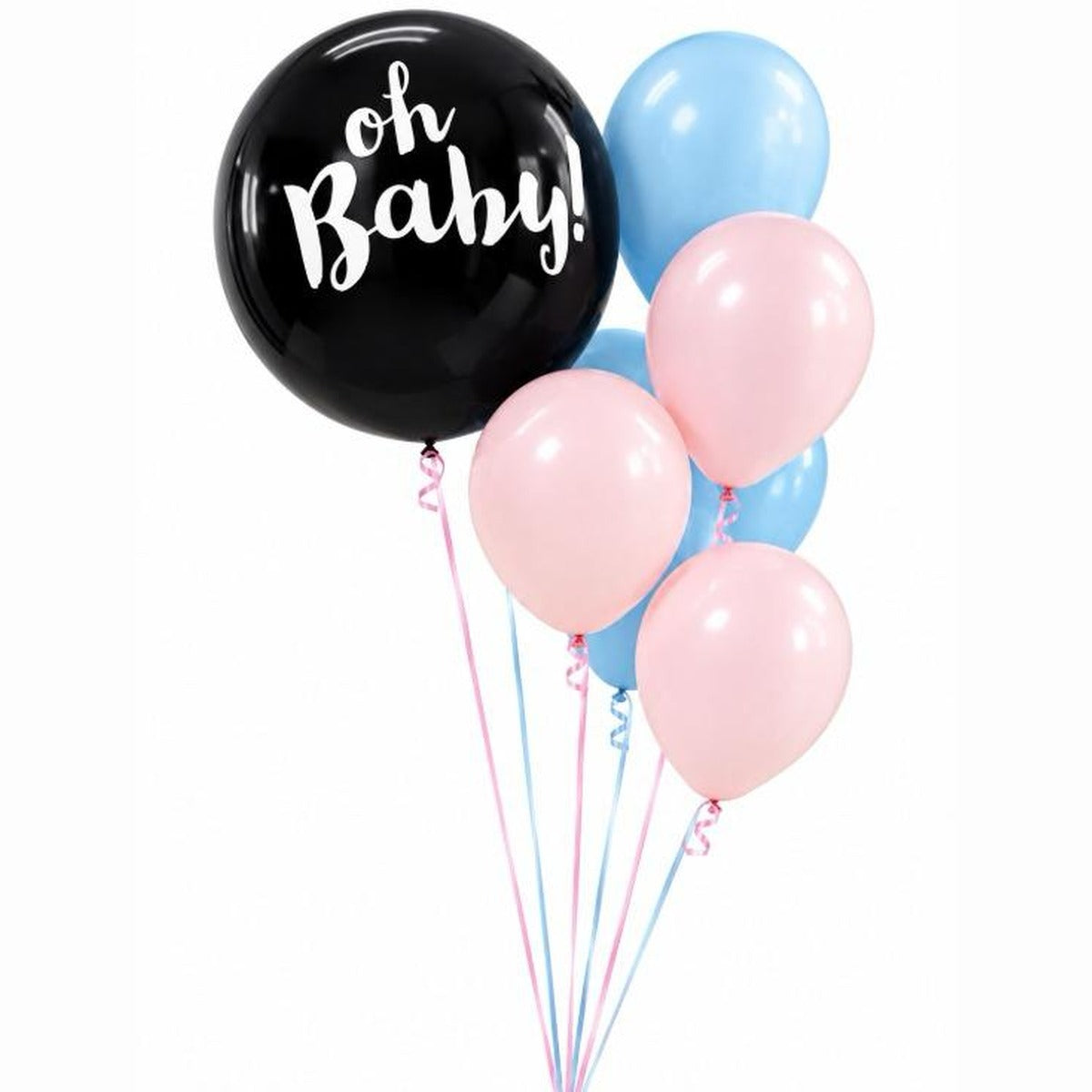 Oh Baby black jumbo gender reveal balloon with pink and blue latex balloons