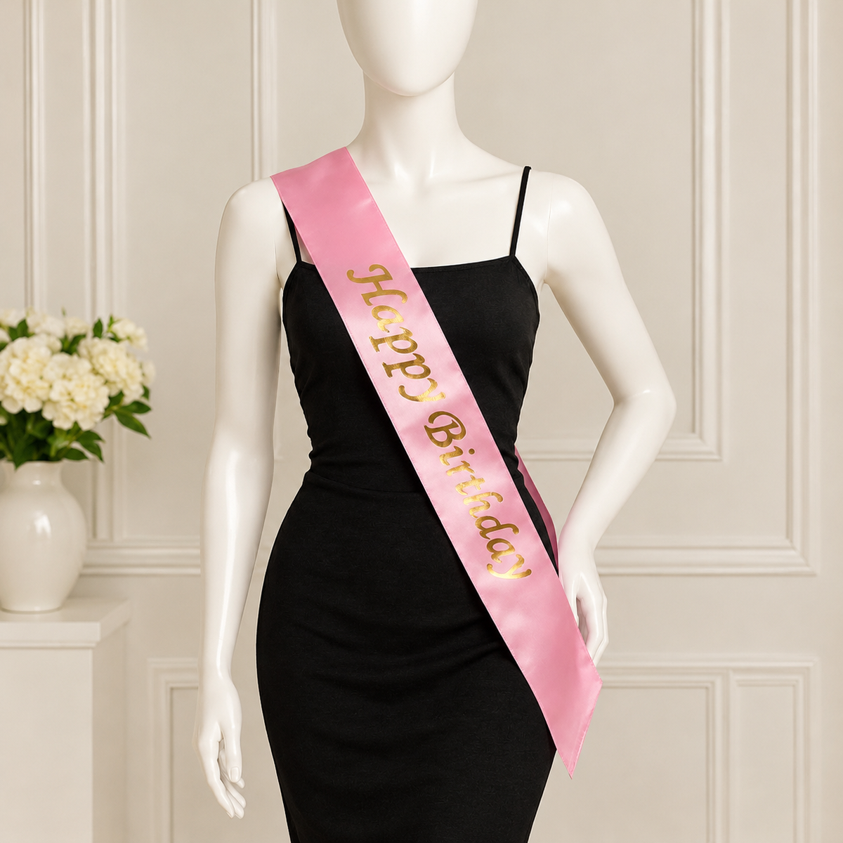 Pink Happy Birthday sash on a mannequin