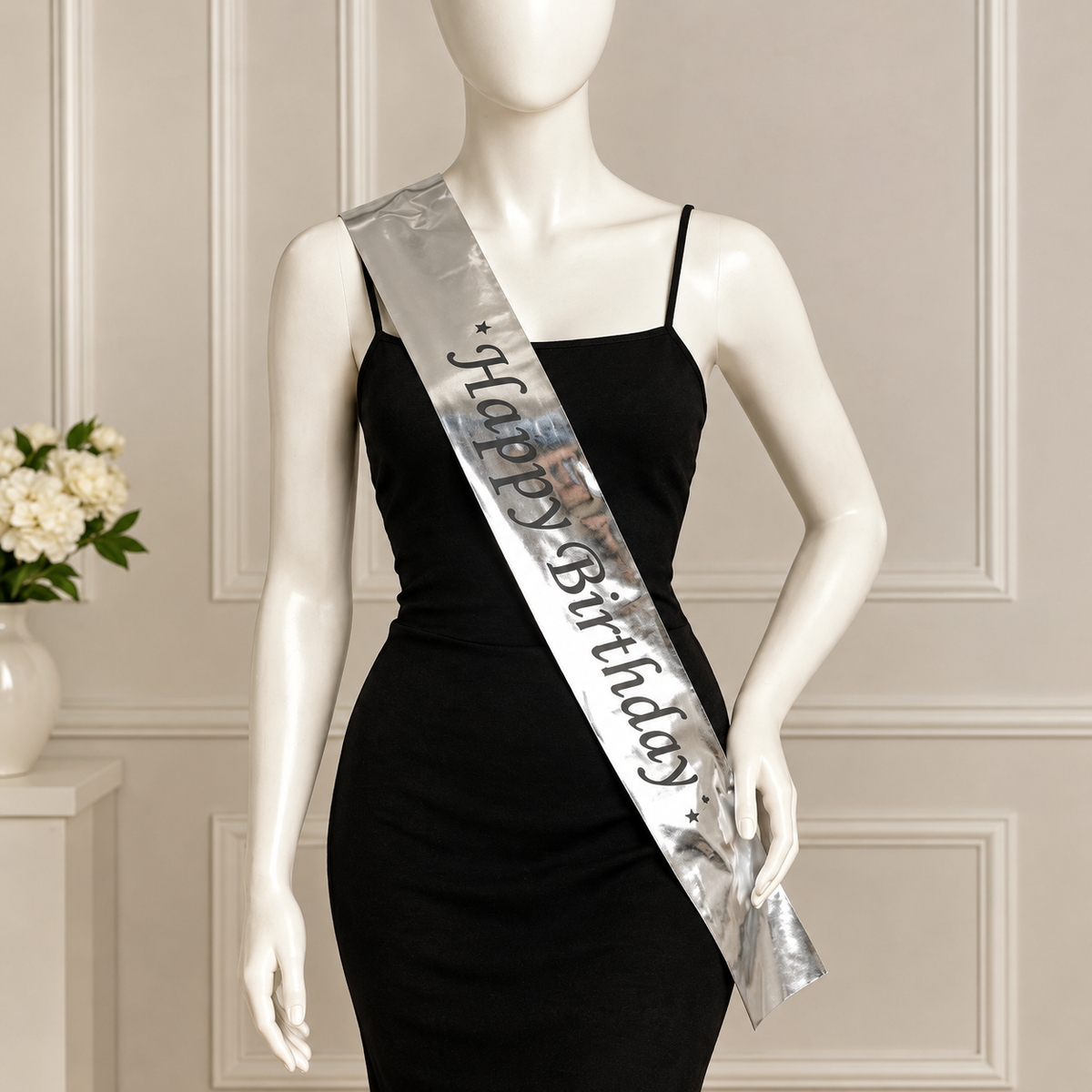 Silver Happy Birthday sash on a mannequin