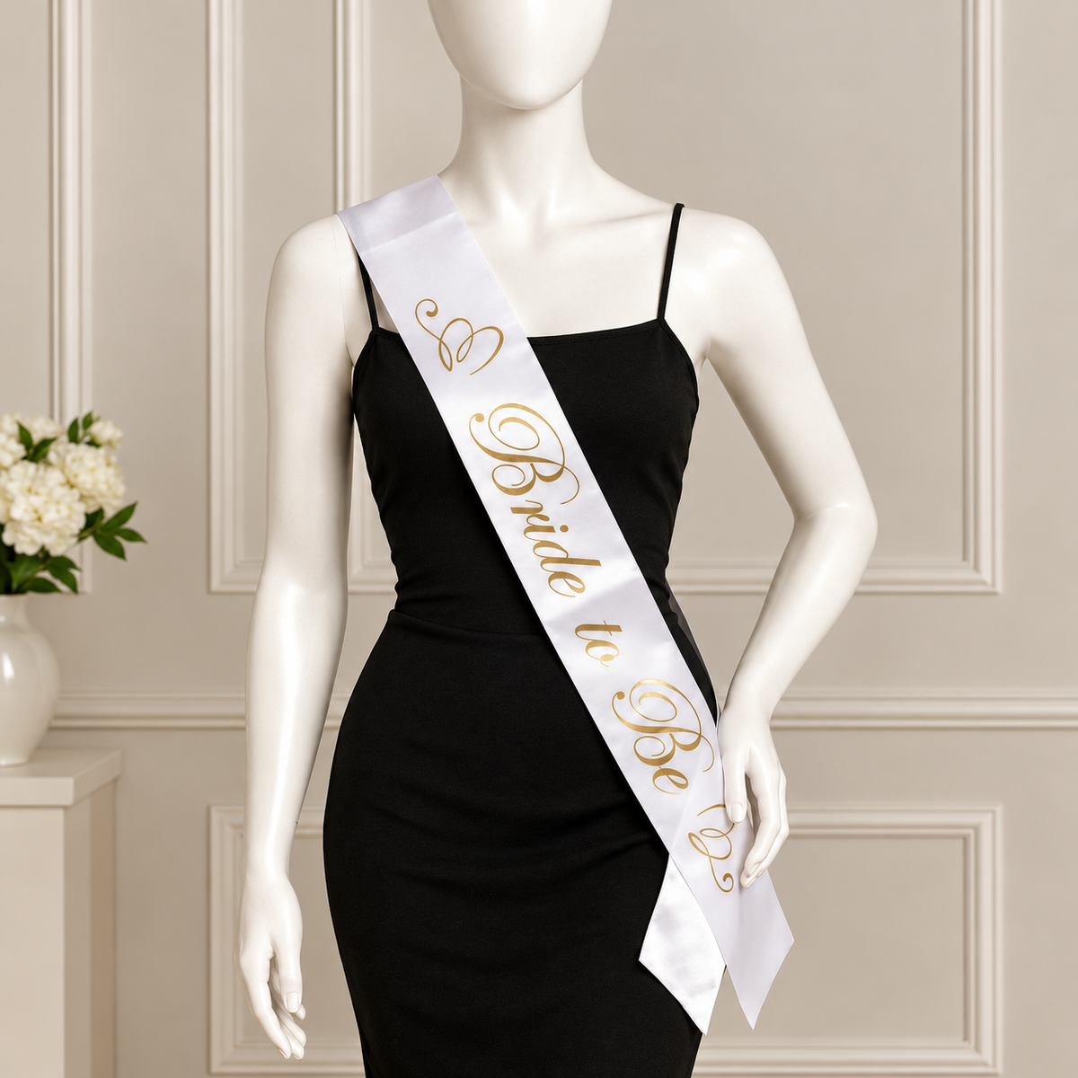 White Bride to Be sash on a mannequin