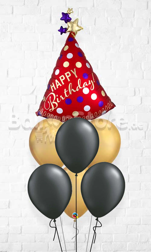Red Satin Party Hat Black Blast Wrap Chrome  Balloon Bouquet