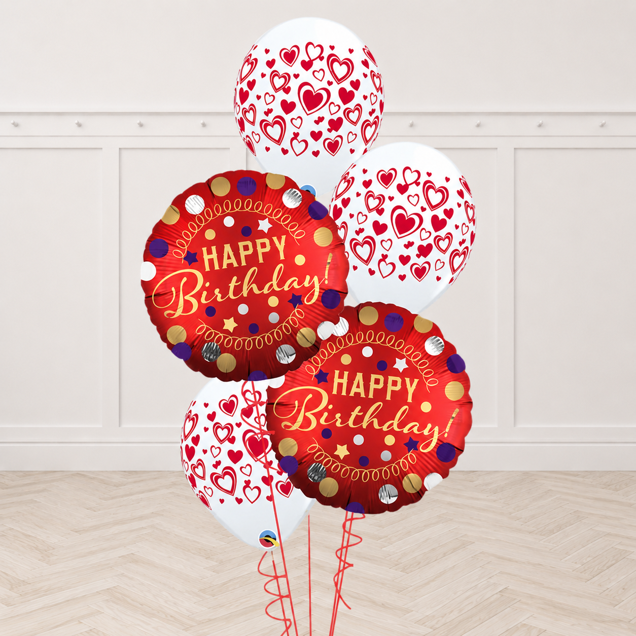 Satin Red Polka & Double Heart Birthday Balloon Bouquet
