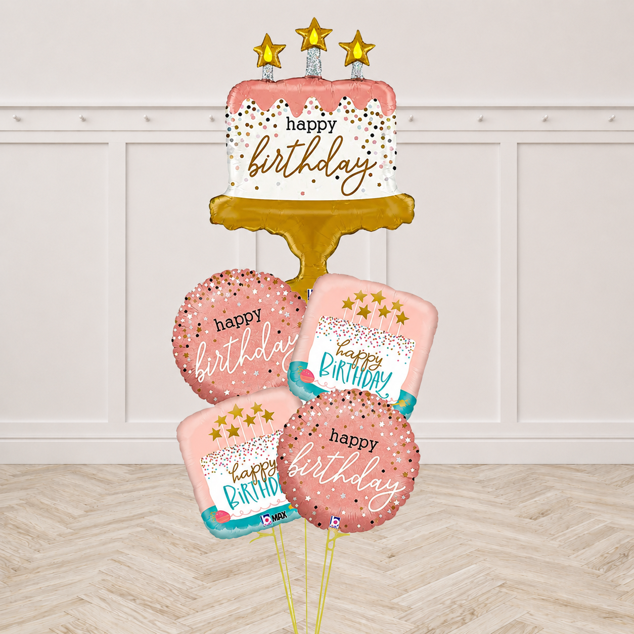 Birthday Cake Confetti Rose Gold All Foil Balloon Bouquet with weight